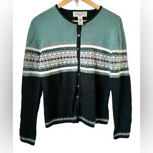 Y2K gry & grn fair isle button up wool blend cardigan SZ L 90’s ski